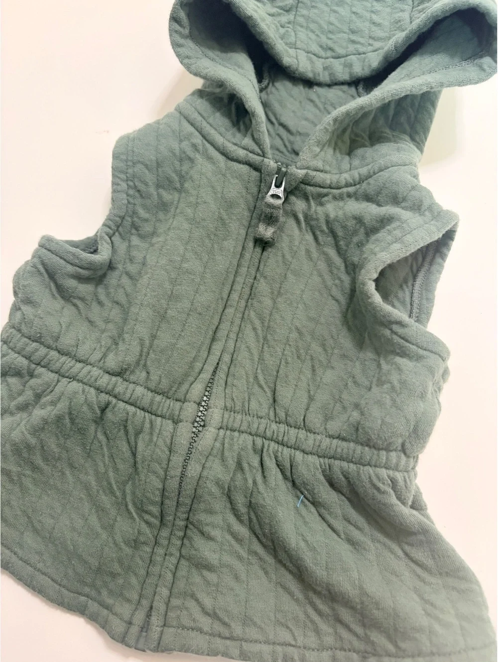 Sage Green Quilted Hooded Peplum Zip Vest Size 6-9 Months